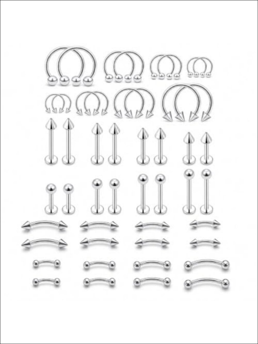 48PCS Piercing Jewelry Set 16G Surgical Steel Curved Barbells Labret